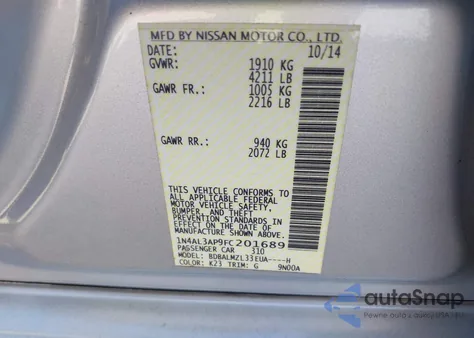 2015 Nissan Altima 2.5/2.5 S/2.5 Sl/2.5 Sv from USA, damaged, VIN 1N4AL3AP9FC201689